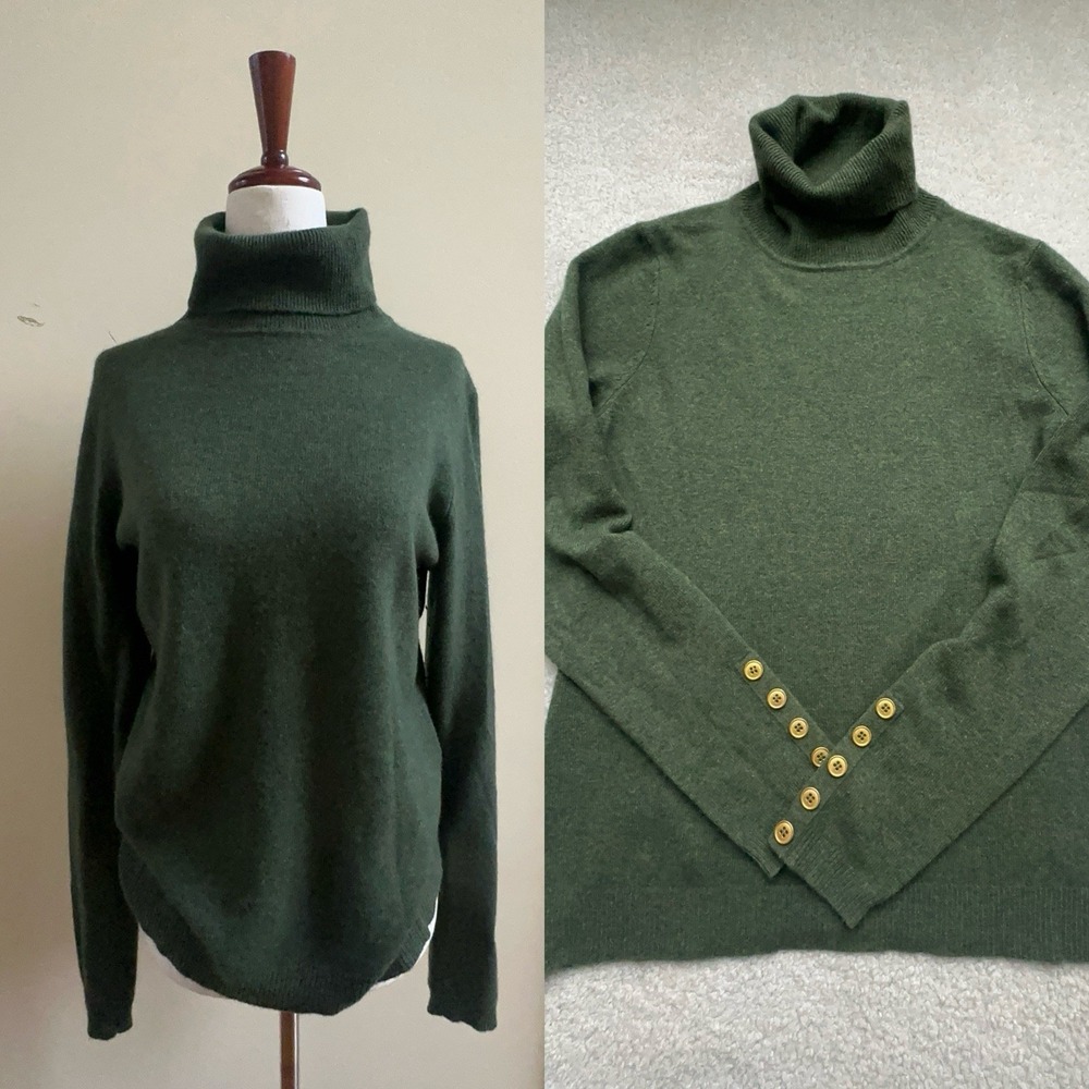 PREMISE 100% Cashmere Turtleneck Golden Button Details Sweater Tag L Actual 36"